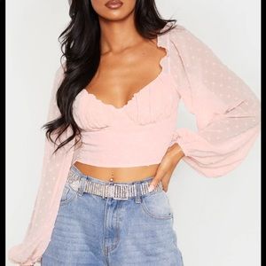 Rose Dobby Mesh Cup Detail Long Sleeve Crop Top